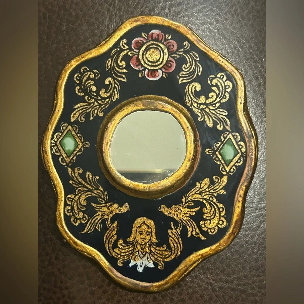 Vintage Peruvian mid-century miniature wall Mirror with Hand-Painted Detail